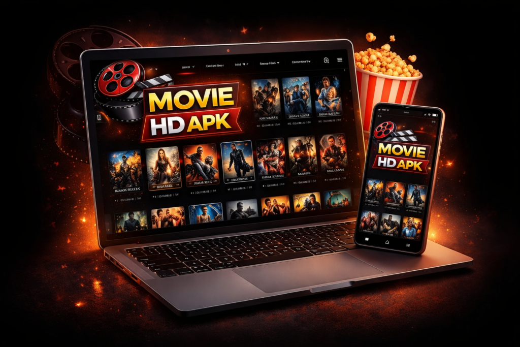 Movie HD Apk interface displayed on laptop and smartphone screens showing movie library