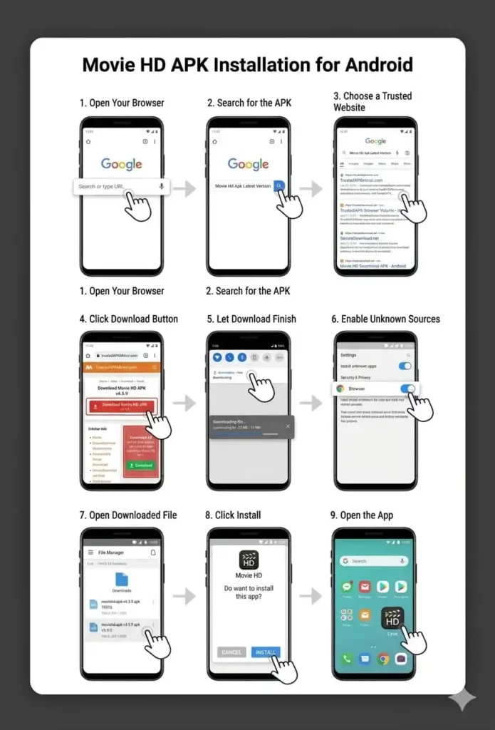 Full 9-step infographic guide for Movie HD APK installation on Android mobile devices