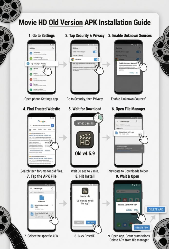 How to Install Movie H|D Apk Old Version Complete 9-step infographic for Movie HD Apk Old Version installation on Android devices