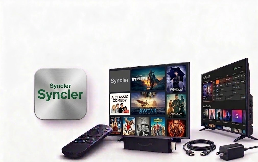Syncler APK interface on smart TV with remote and silver square logo