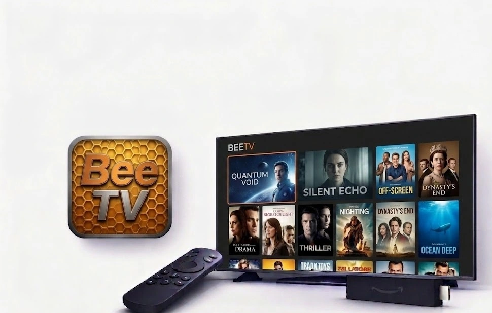 BeeTV APK interface on Smart TV with remote and honeycomb logo