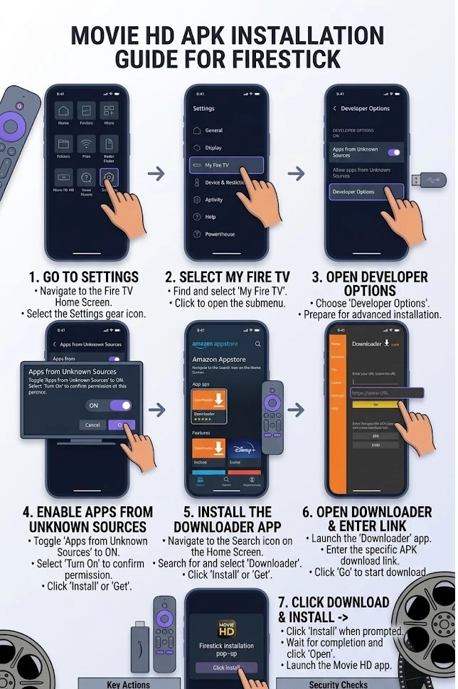 Complete 7-step infographic guide to install Movie HD Apk on Firestick using Downloader app