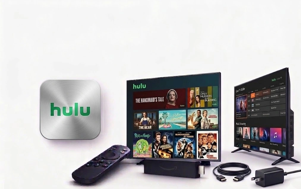Hulu streaming app interface on smart TV with remote and silver logo