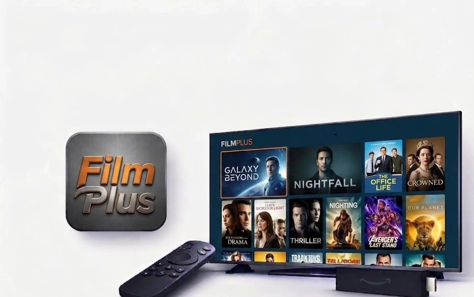 FilmPlus APK interface on smart TV with remote and official logo 