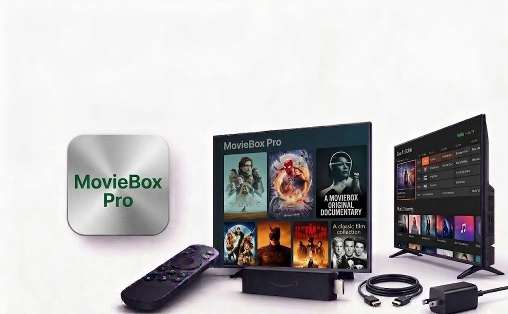 MovieBox Pro interface on smart TV with remote and silver icon logo