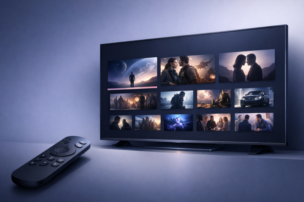 How to Watch Movies on Android TV with Movies HD Apk Movie HD Apk on Android TV interface with smart TV remote control.
