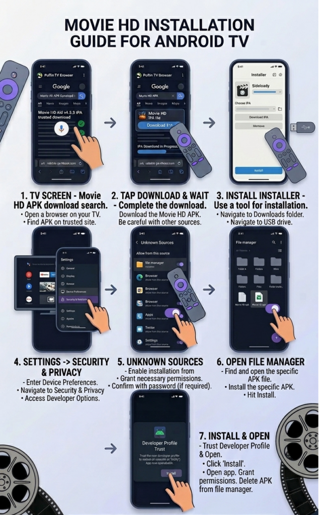 step-by-step Android TV Installation Guide for Movie HD Apk Complete 7-step infographic guide to install Movie HD Apk on Android TV, using a file manager and USB drive