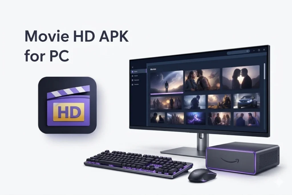 MOVIE HD APK for PC logo with desktop monitor and keyboard setup.