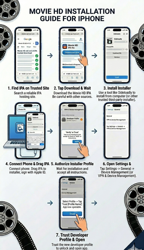 How to Install Movie HD on iPhone (ios guide) Complete 7-step infographic guide to install Movie HD Apk on iPhone and iOS devices