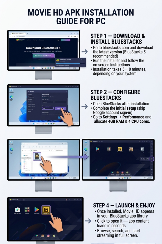Complete a 4-step infographic guide to install MOVIE HD APK on PC using Blue Stacks emulator