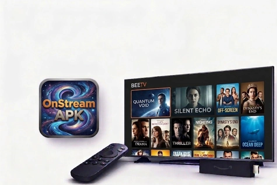 OnStream APK interface on Smart TV with remote and blue galaxy logo