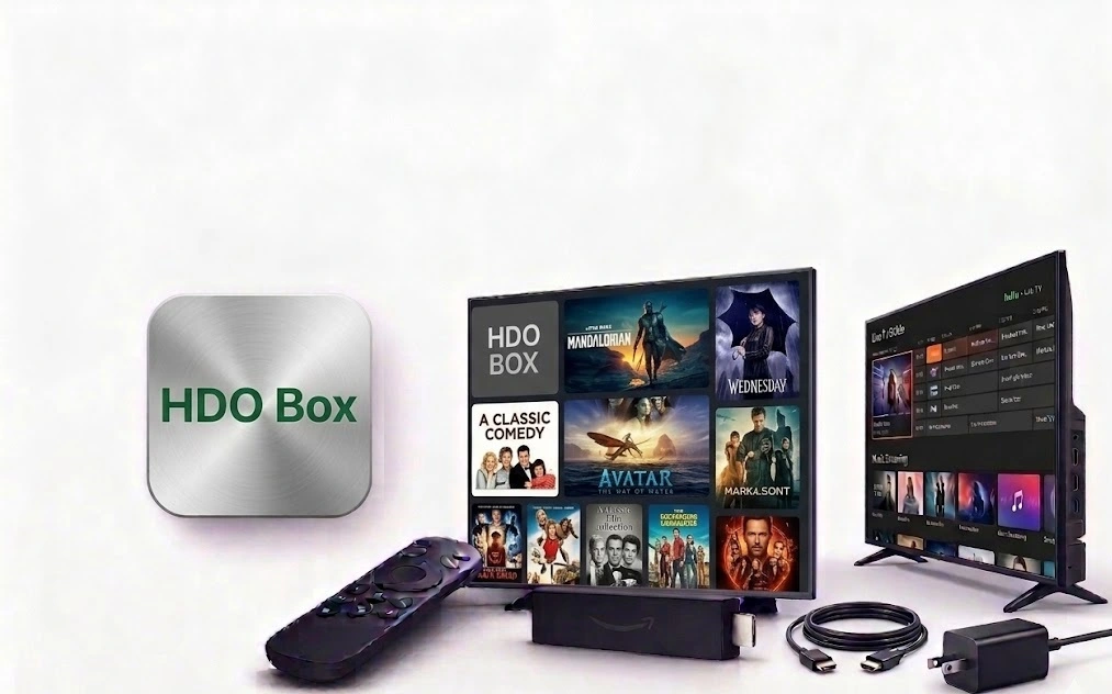 HDO Box APK interface on smart TV with remote and silver metallic logo 